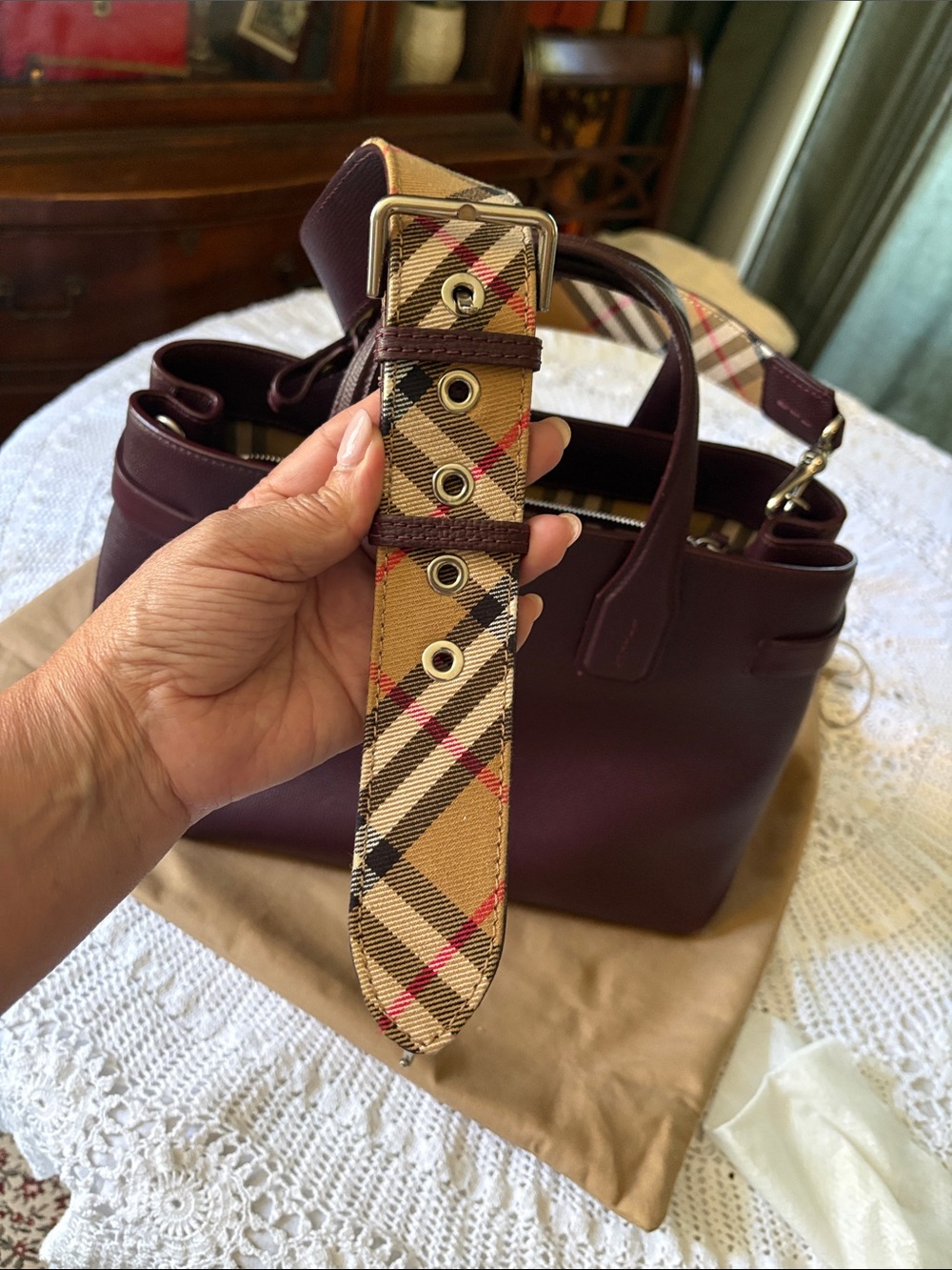 Burberry Mahogany Leather Satchel with Signature Check Strap and Top Handles